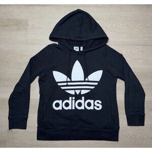 Adidas Men Sweatshirt Small Black Trefoil Logo Hoodie Drawstring Pullover S